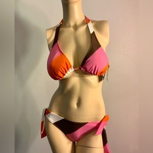 Island Soul Women’s Swimsuit Bikini Set Color Block Cheeky Sz M Top S Bottom